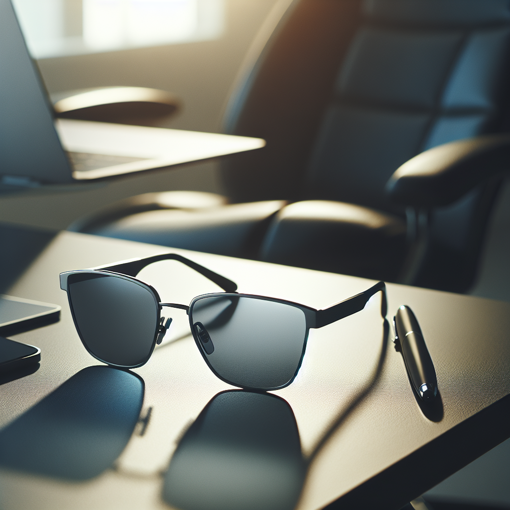 Nærbilde av en moderne solbrille på et skrivebord ved siden av en bærbar PC, myk indirekte belysning og et par ergonomiske elementer i bakgrunnen