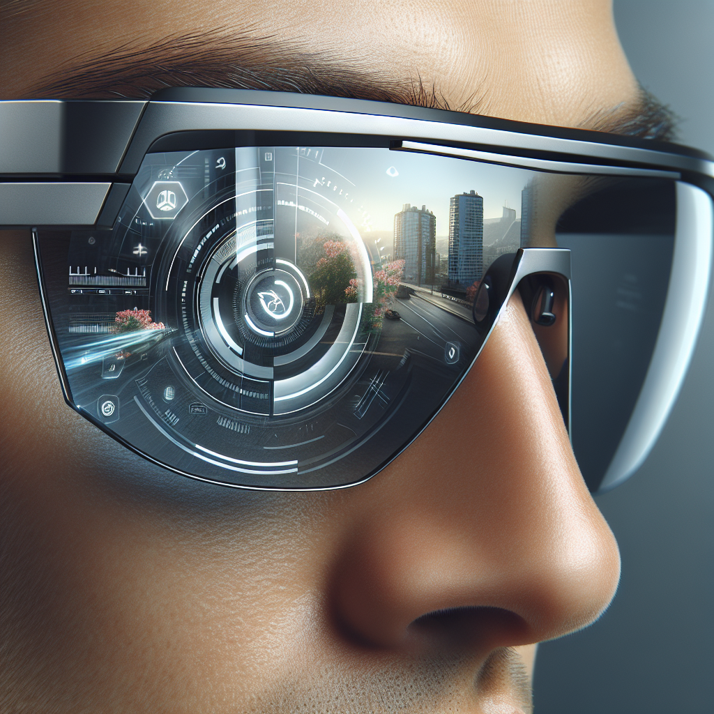 Nærbilde av moderne solbriller med diskret heads-up-display og refleksjoner av bylandskap, kombinert med teknologiske ikoner og stilrent design