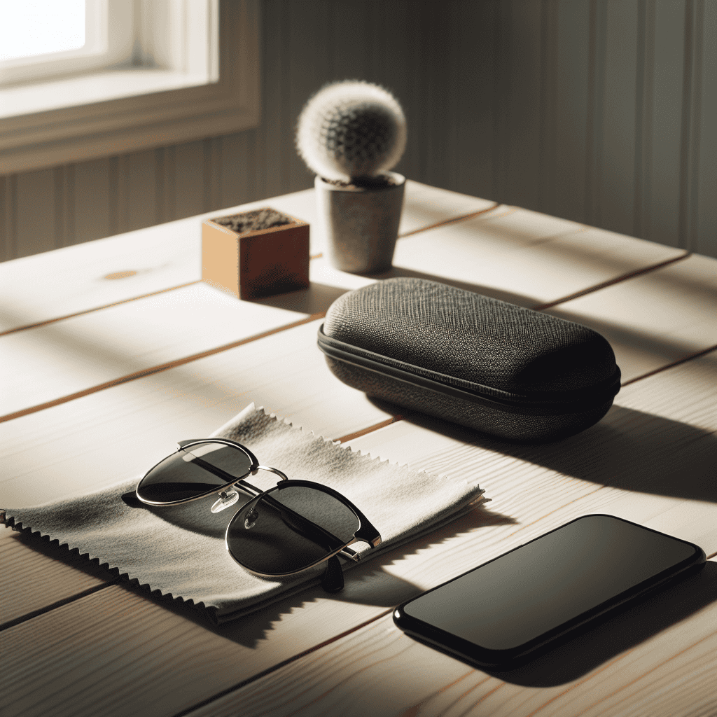Nærbilde av solbriller, mikrofiberklut og et hardt etui på et lyst trebord, naturlig nordisk lys, minimalistisk stil